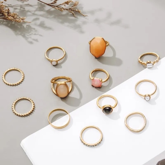 **MARTINE* 12-Pc Gold x Multicolor Gem Fashion Rhinestone Ring Set - Picture 3 of 6